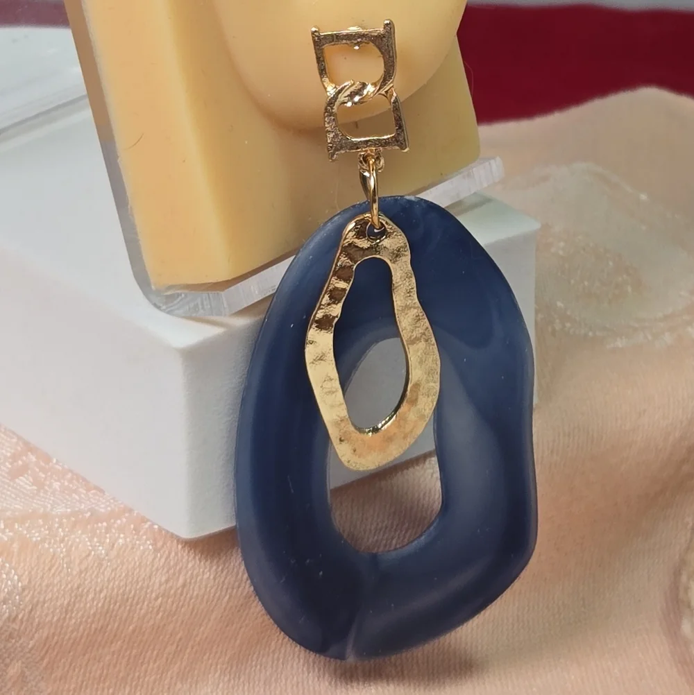Navy Blue Geometric Acrylic Earrings Gold Abstract Statement Bold Modern Jewelry